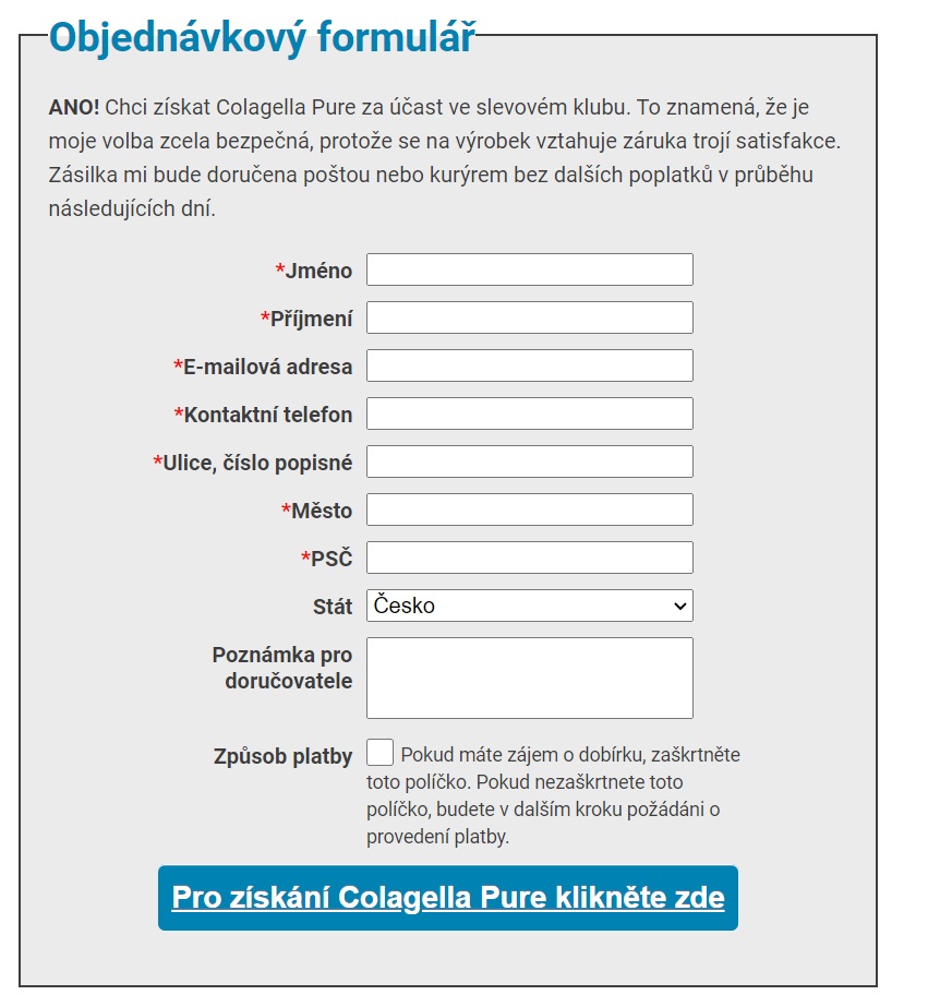 objednávkový formulář Colagella Pure