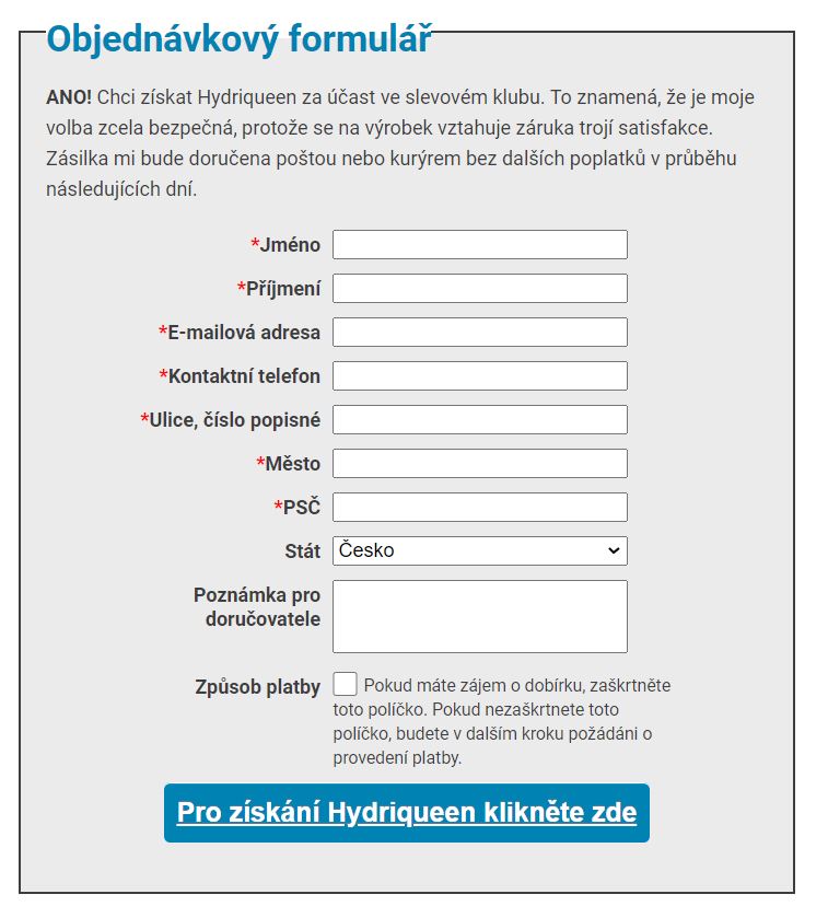 Objednávkový formulář Hydriqueen